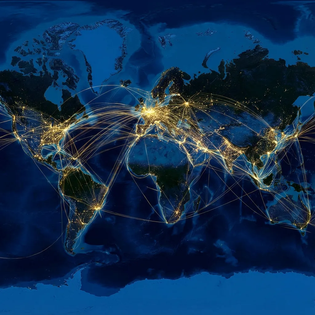 World map with illuminated trade network